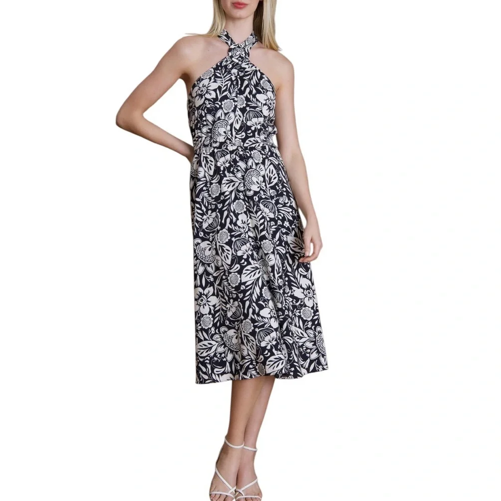 Maggy London Linen Blend Black Cream Floral Halter Pockets Lined Midi Dress 10 - Picture 3 of 16